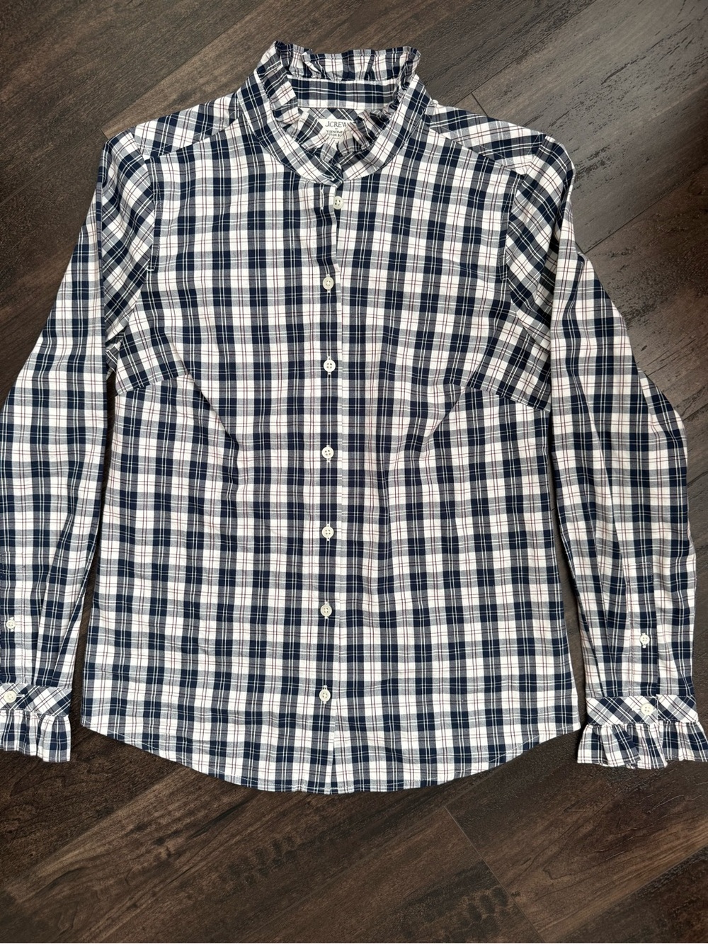 J.Crew Plaid Ruffle Collar Button Down Blouse XS Preppy Cottagecore Cotton Shirt